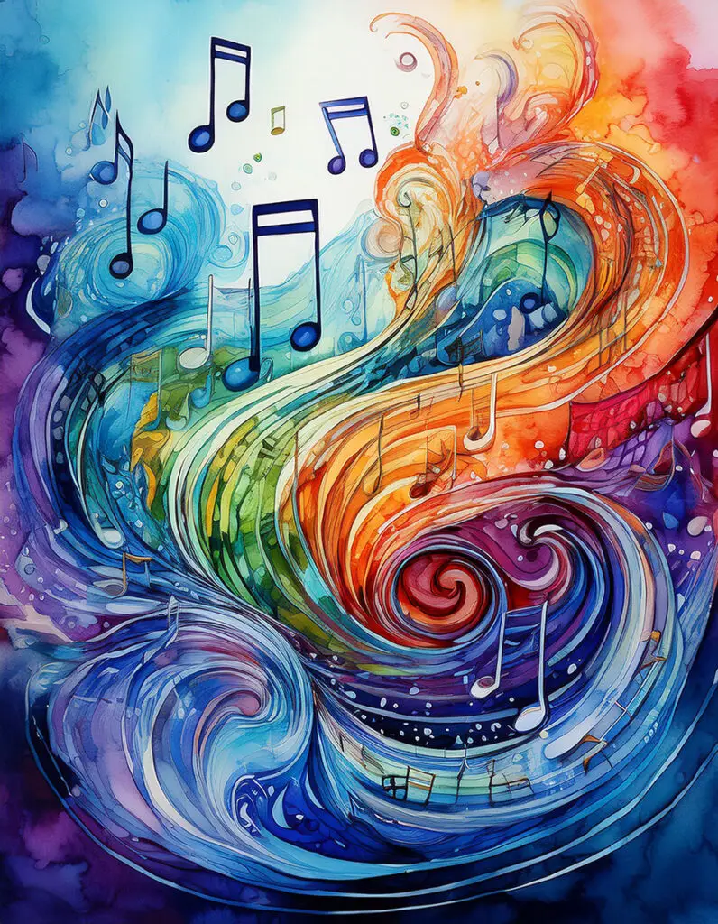 colorful abstract water color painting of musical notes intertwined with flowing water and food purple blue red green